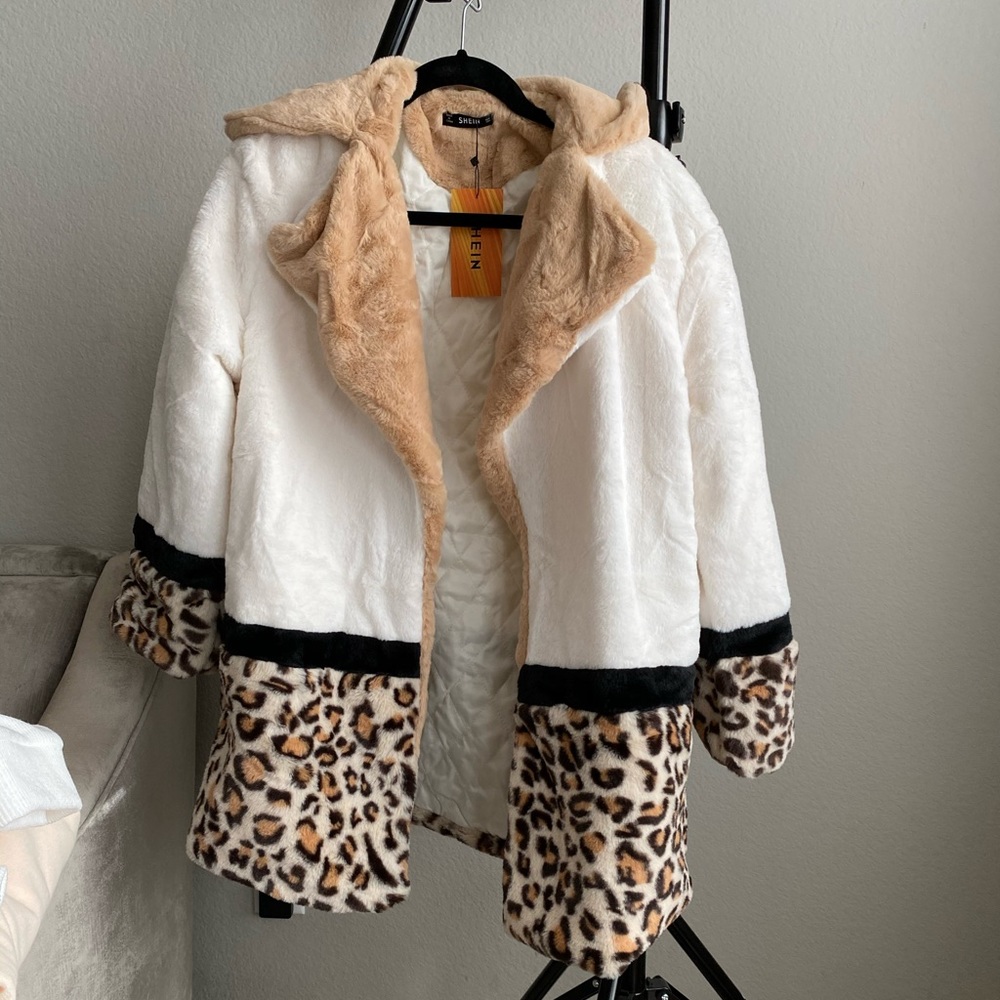 Leopard Panel Faux Fur Teddy Coat